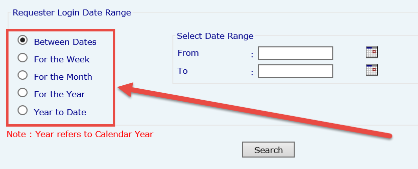 User selects date range options for requester login, highlighting 'Between Dates'.